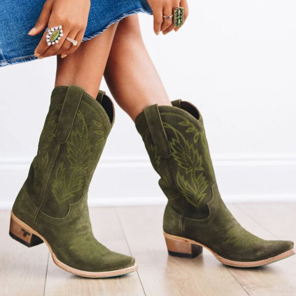 Lane Sandaga Midi Cowboy Boots in Olive Suede Size 7.5B with Box - Picture 2 of 15
